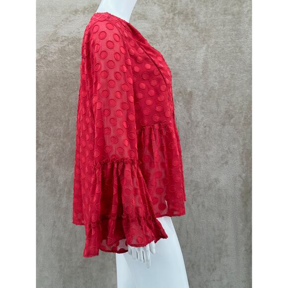 Soft Surroundings Top Women Large Red Besito Polka Dot Sheer Ruffle Tassels Boho - Picture 4 of 10